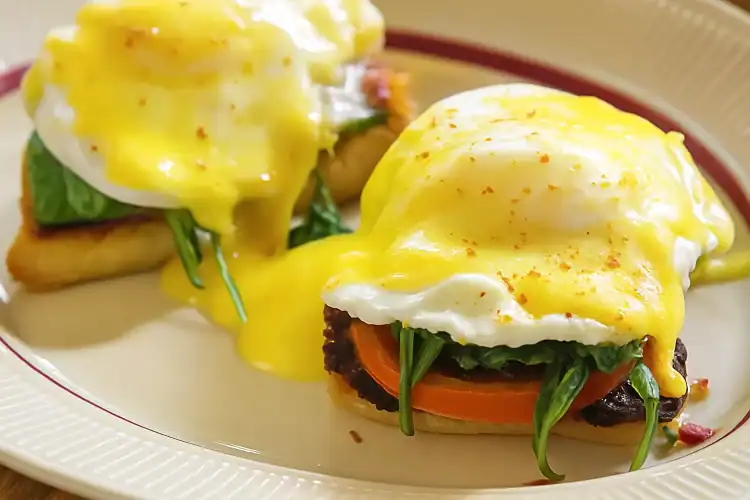 Eggs Florentine with spinach, tomato, and hollandaise sauce on a plate.