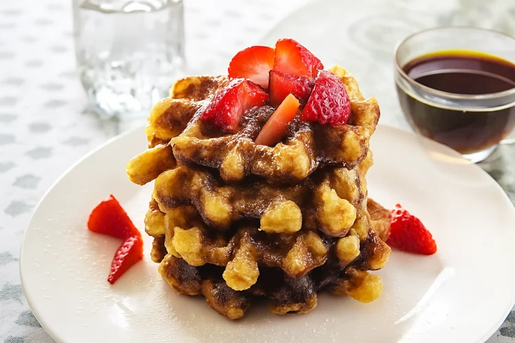 Stack of Belgian waffles topped with strawberries and syrup.
