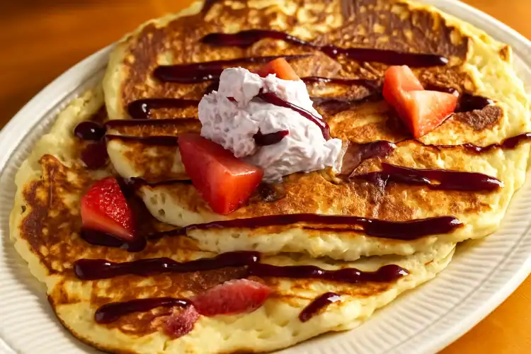 Delicious strawberry cheesecake pancakes with whipped cream and chocolate drizzle.